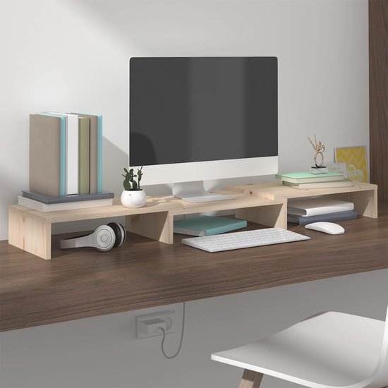 The Living Store Monitorstandaard - Verhoogt je monitor met opbergfunctie - Hoogwaardig grenenhout - Verstelbare lengte - Afmetingen 80 x 24 x 10.5 cm
