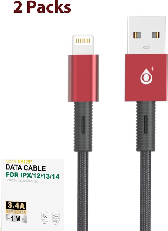 iPhone oplader kabel 1M 3.4A (2 stuks) | Lightning naar USB kabel | iPhone laadkabel & data kabel - geschikt voor iPhone X/ 12 / 13 en 14 (2 S stuks