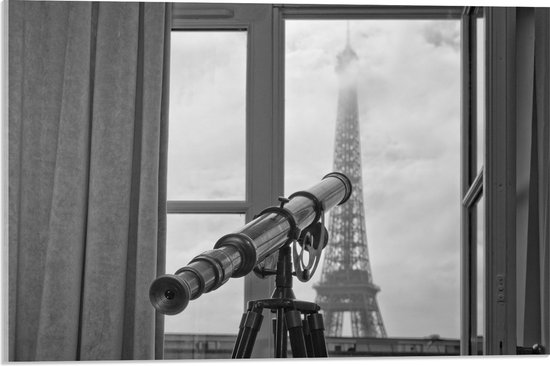 Acrylglas - Telescoop vanuit Hotelkamer met Uitzicht op de Eiffeltoren - 60x40 cm Foto op Acrylglas (Wanddecoratie op Acrylaat)