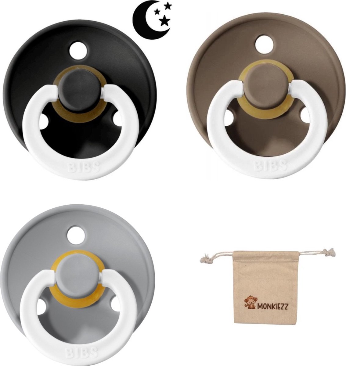 Goedkoopste BIBS Fopspenen - Maat 2 6-18 maanden - Latex – Glow in the dark Black – Dark Oak– Cloud