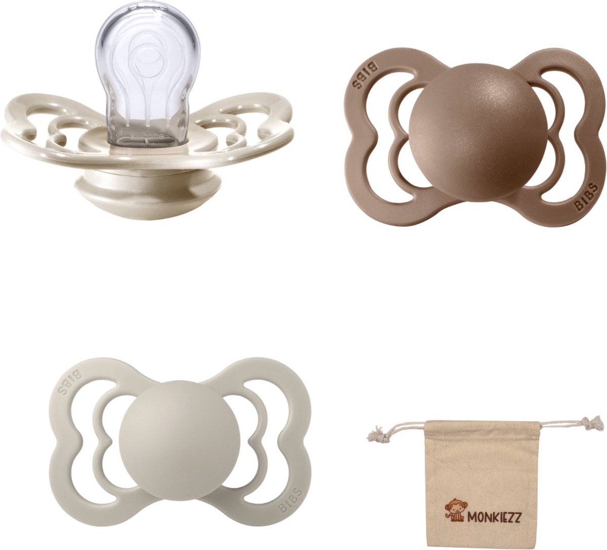 Goedkoopste BIBS Supreme Fopspenen - Maat 1 0-6 maanden - Silicone – Vanilla - Sand – Dark Oak Monkiezz speenzakje