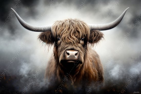 JJ-Art (Aluminium) 90x60 | Schotse Hooglander in de mist, koe, stier, deels zwart wit | dier, Schotland, stijlvol, modern, bruin, grijs | foto-schilderij op dibond, metaal wanddecoratie