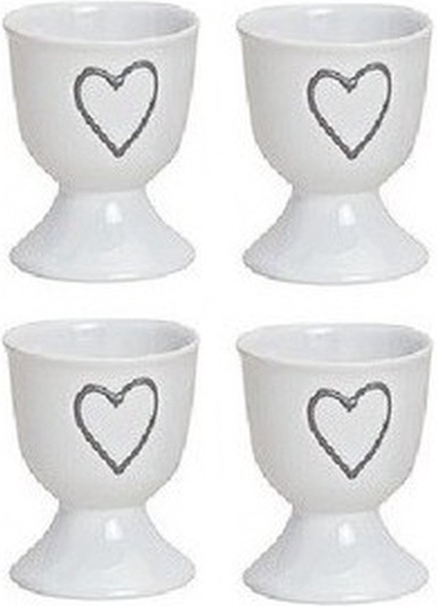 4x Eierdopje wit met hartje 6 x 5 cm - Keramieken eierdopjes tafeldecoratie - Paasontbijt