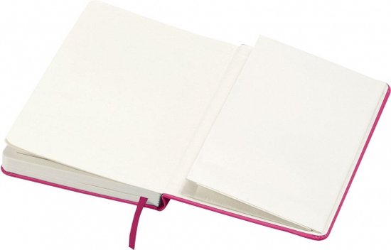 Roze A5 notitieboek met een lintje, opengeklapt met lege pagina's.