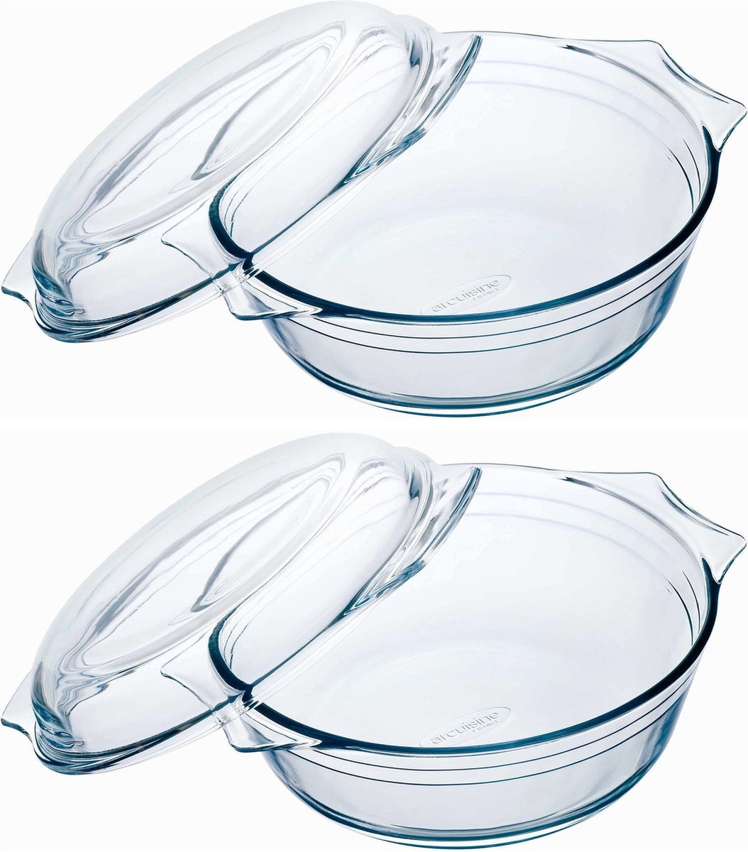 Ronde glazen ovenschaal met deksel - Set van 2x stuks - 3 liter - 27 x 23 x 11 cm - Ovenschotel schalen - Bakvorm