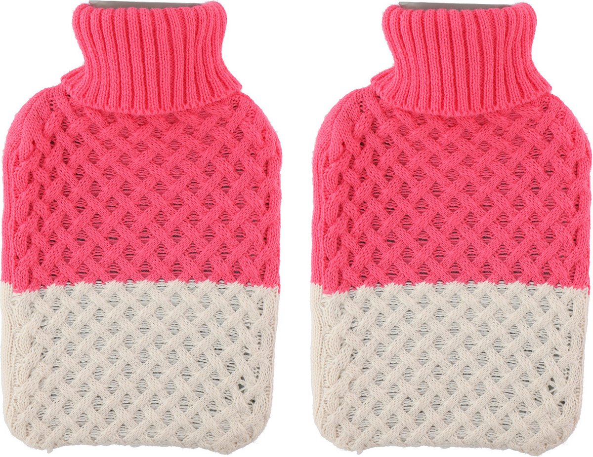 Goedkoopste 2x Warme winter kruiken met gebreide stoffen hoes roze/cremekleurig 2 liter - warmwaterkruiken