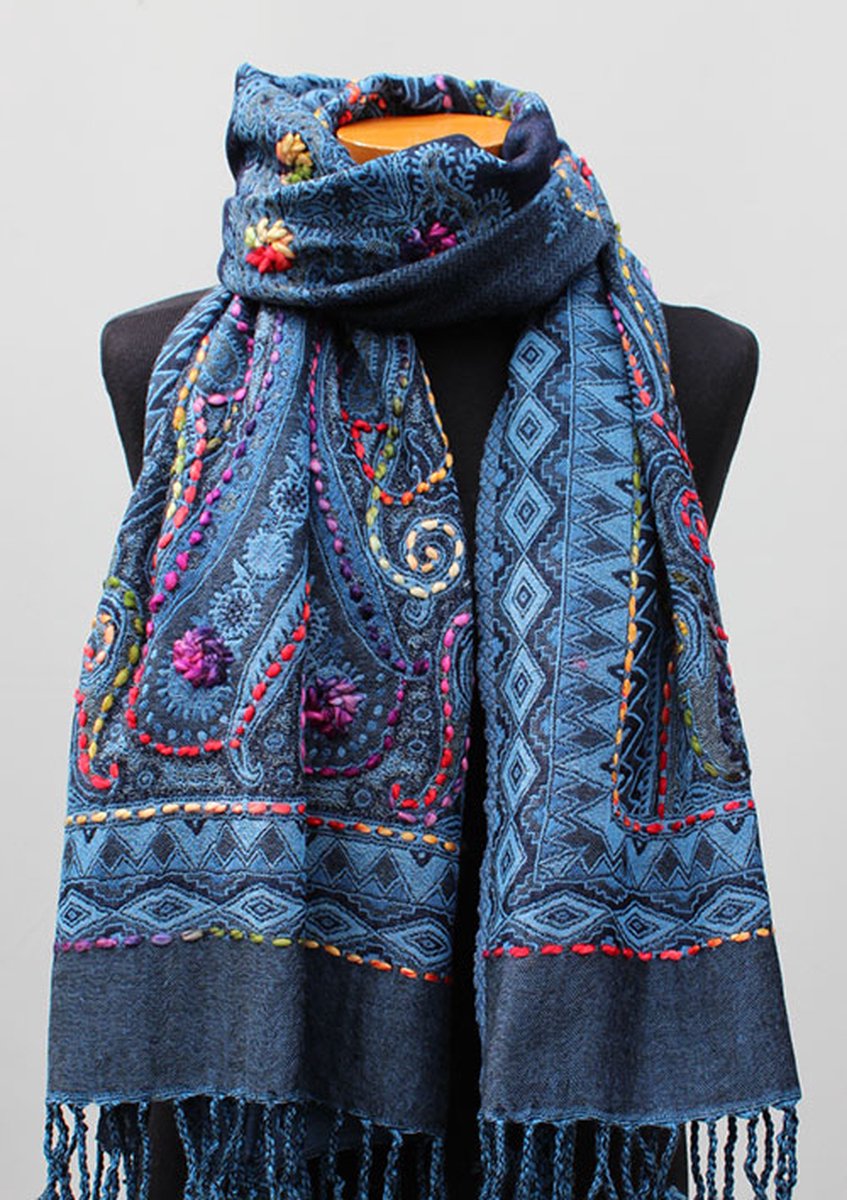 Wollen geborduurde sjaal en omslagdoek Blauw