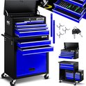 Zwarte gereedschapswagen met blauwe laden, open koffer en extra compacte wagen. Inclusief sleutels, haken en blauwe linten.
