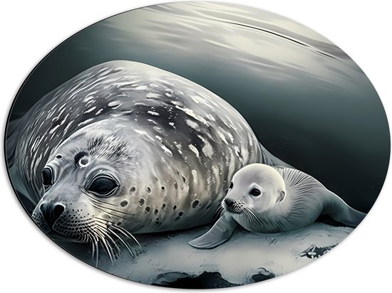 Dibond Ovaal - Grote en kleine zeehond liggen op ijs op het water - 56x42 cm Foto op Ovaal (Met Ophangsysteem)