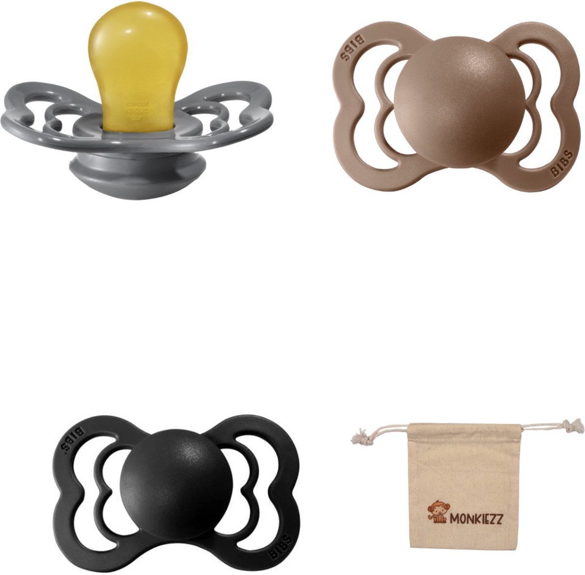 Goedkoopste BIBS Supreme Fopspenen - Maat 1 0-6 maanden - Latex – Dark Oak - Iron – Black Monkiezz speenzakje