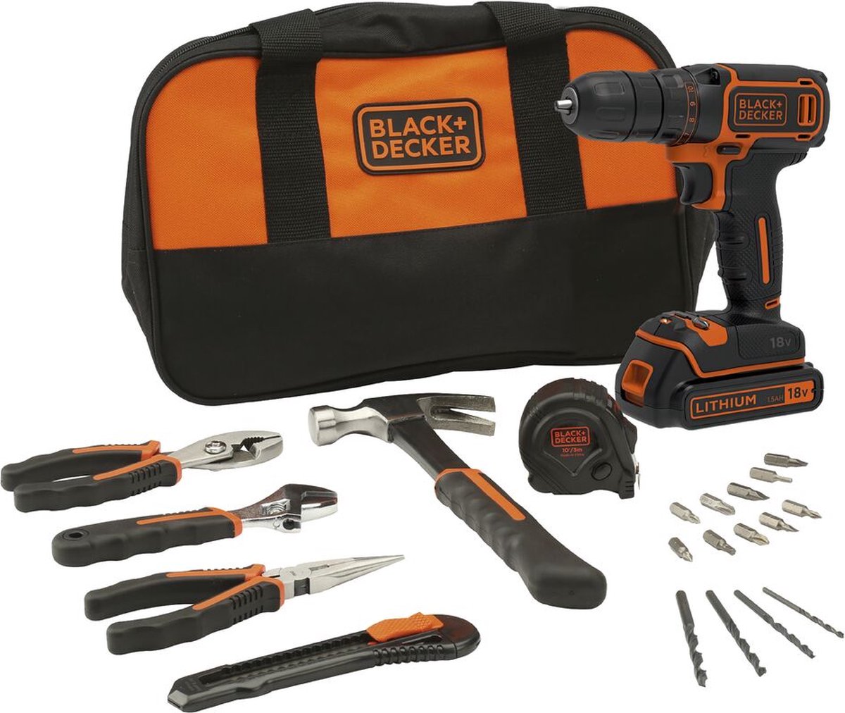 Black+Decker BDCDC18HTSA Accuboormachine, 18 V, inclusief 20 delig gereedschapsset en tas