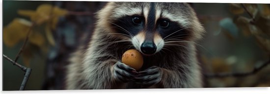 Dibond - Wasbeer zit op een tak en eet fruit - 120x40 cm Foto op Aluminium (Met Ophangsysteem)