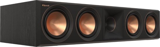 Zwarte center speaker met vier koperen woofers en een centrale hoorn. Klipsch logo aan de linkerzijde.