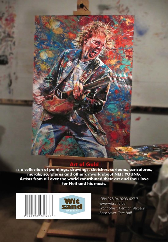 Een schilderij van een zingende Neil Young met gitaar. Abstracte, kleurrijke achtergrond.