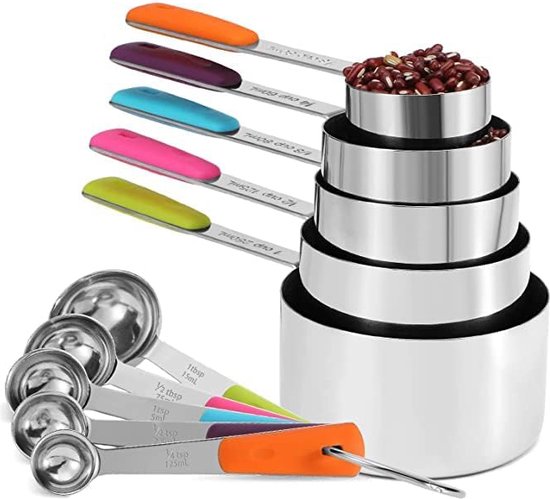 U-Taste 18/8 Roestvrijstalen Maatbekers en Lepels Set van 15, 7 bekers met breed handvat en 7 TSP/TBSP-lepels met 2 D-ringen en 1 magnetische meetconversietabel (Zilver