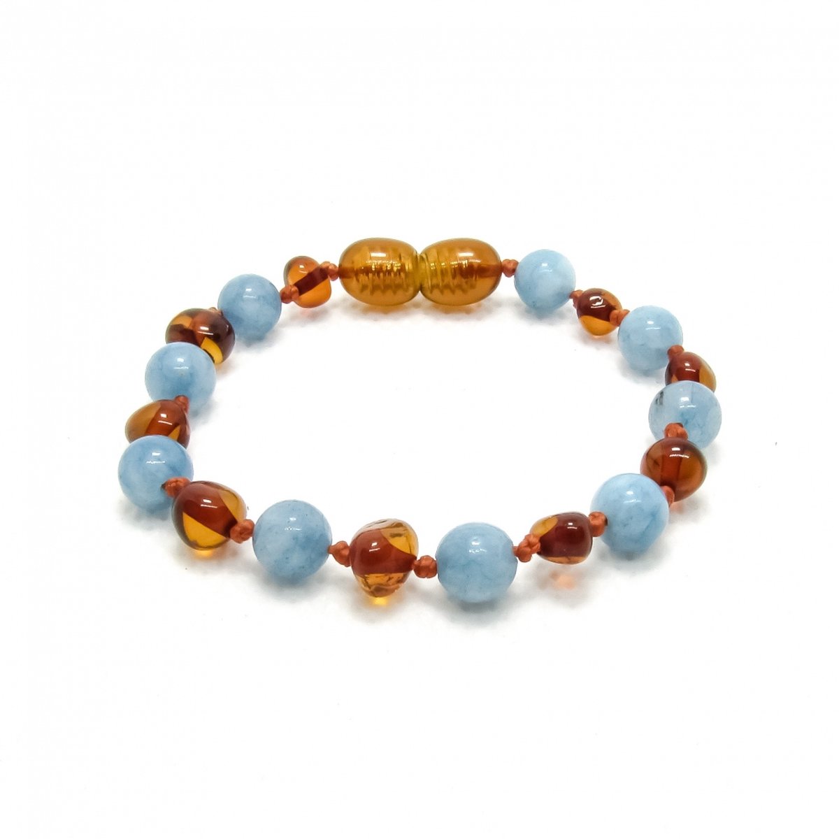 Wild Sun Barnsteen Armband Baby / Peuter - Amber Enkelbandje - Baltische Barnsteen – Pijnstillend bij Doorkomende Tanden - 14 cm - Cognac / Aquamarijn