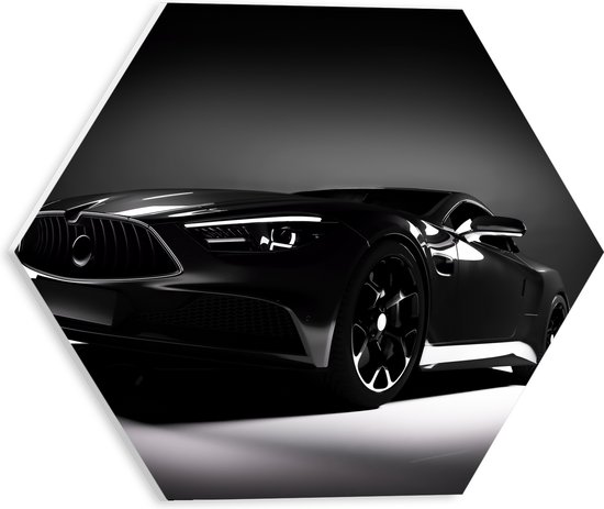 PVC Schuimplaat Hexagon - Zwarte Auto in Grijs met Zwarte omgeving - 30x26.1 cm Foto op Hexagon (Met Ophangsysteem)