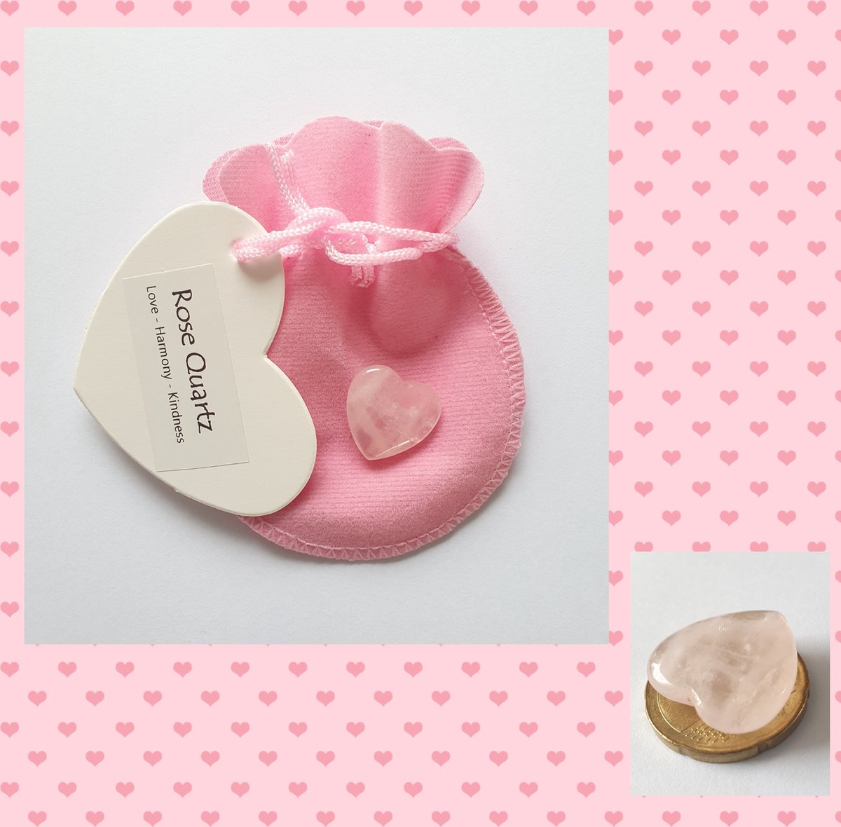 Roze Qaurtz hart van ca. 2cm in een zacht roze geschenkzakje.