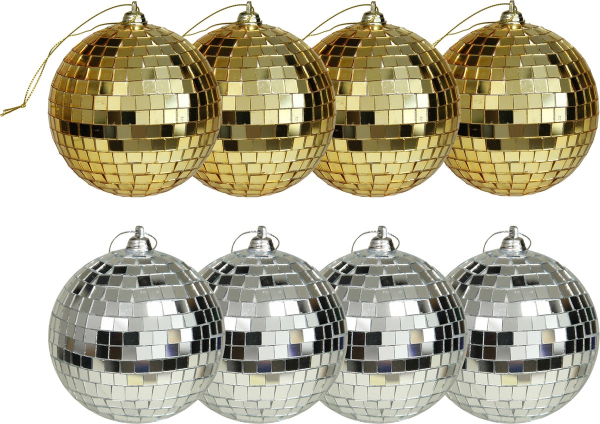 Kerstballen disco - 8x st - goud en zilver - 8 cm - kunststof - spiegel kerstballen