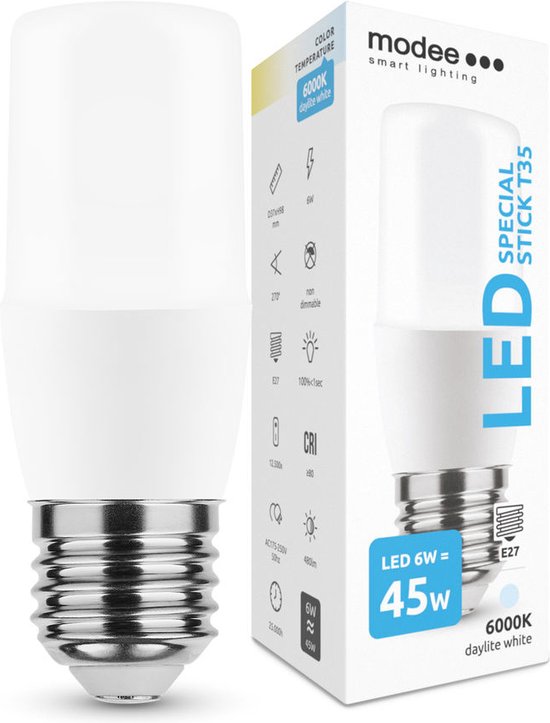 Lampe LED E27 - Type T35 - 6W remplace 40W - 6000K blanc lumière du jour
