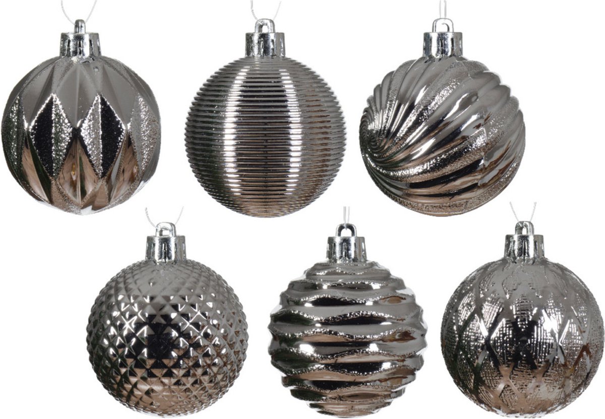 Bol.com Decoris kerstballen gedecoreerd - 12x - 6 cm -kunststof - zilver aanbieding