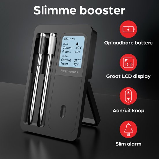 Hermanos® Vleesthermometer - Draadloze BBQ Thermometer met App - Overthermometer - Kernthermometer - 2 Sondes - met Bluetooth - RVS - HWT02 - Hermanos