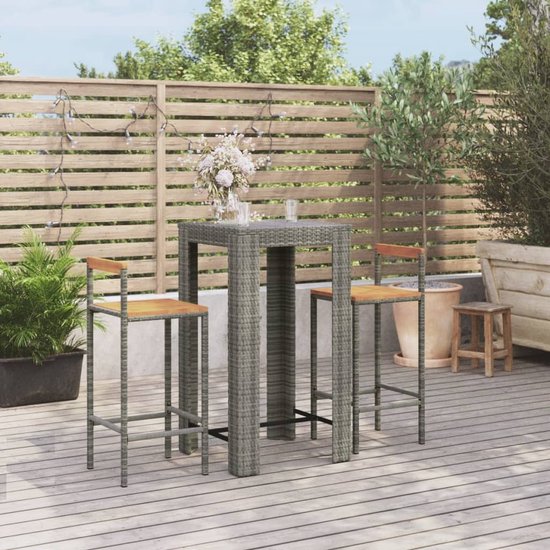 Foto: The living store tuinbarset grijs barstoel 40 x 44 x 100 cm pe rattan gepoedercoat staal massief acaciahout bartafel 60 5 x 60 5 x 110 5 cm