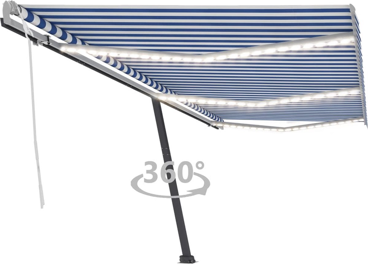 Handmatig uittrekbare blauw en witte luifel van The Living Store met LED-verlichting, 600x300 cm - ideaal voor terras en tuin.