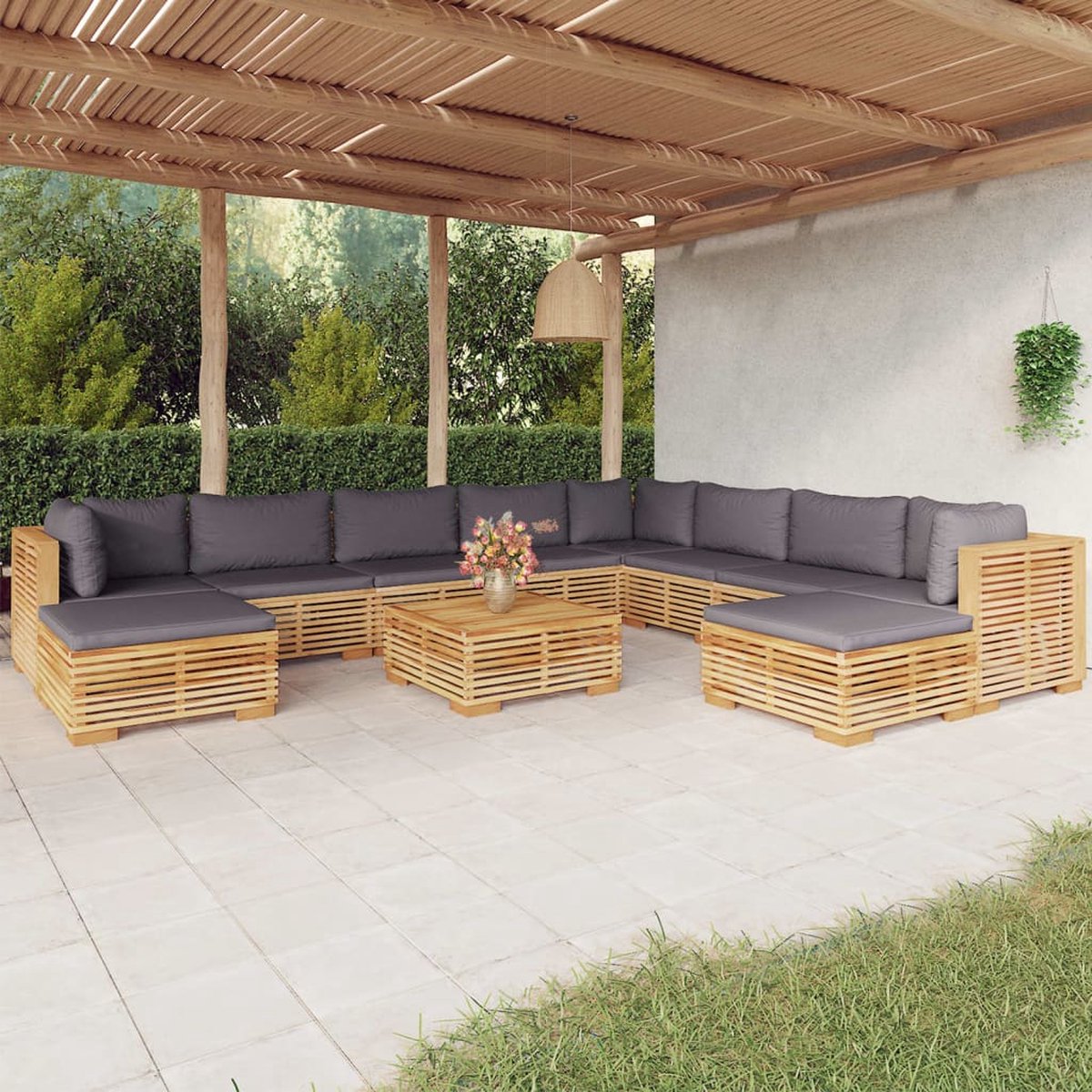 The Living Store 11-delige Loungeset met kussens massief teakhout - Loungeset - Teak Hout - Tuinset - Buitendecor - Tuinmeubilair