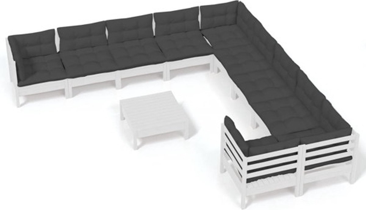 The Living Store 11-delige Loungeset met kussens grenenhout wit - Tuinlounge Set - Lounge Set Hout - Loungestoel - Tuinset - Buitendiner