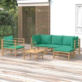 The Living Store Ensemble de Jardin Bamboe - Salon - Complet avec 1x Canapé Central - 2x Canapé d'Angle - 1x Repose-Pieds - 1x Chaise et 1x Table - Coussins Verts - 150x65 cm