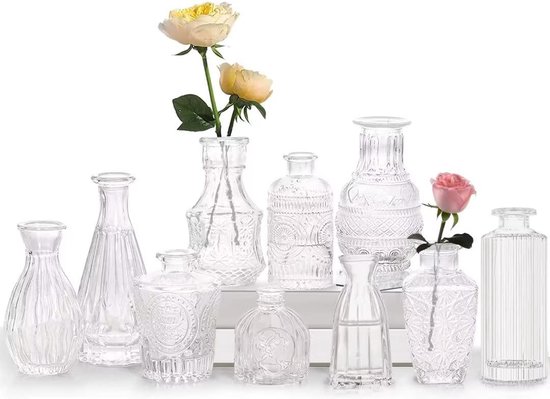 Minivaasset, 10-delige kleine glazen vaas, vintage decoratieve vazenset, verschillende maten, bloemenvaas voor tafeldecoratie, middenstukken, bruiloftsdecoraties