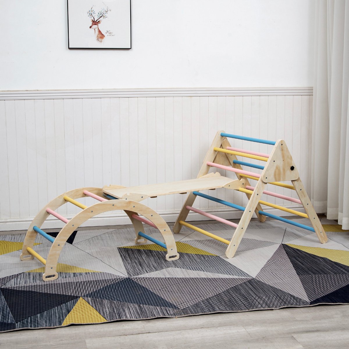 Buxibo XXL Klimrek - Opvouwbare Driehoek + Klimboog + Helling met Glijbaan - Montessori Meubels Houten Speelgym - Pastel - 210x83x81cm — afbeelding 8