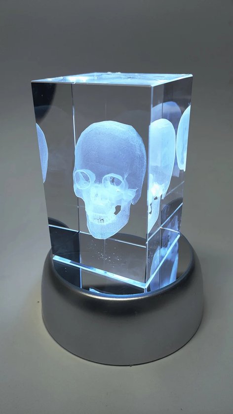 Anatomie model schedel - 3D glazen blok - met verlichtingsdisplay - verpleegkundige cadeau/ dokter cadeau/ geneeskunde cadeau