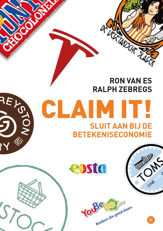 Boekomslag met logo's: Tony Chocolonely, Tesla, De Vegetarische Slager, Greyston, Eosta, Toms, Stok.