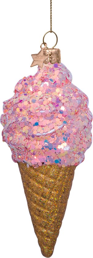Ornement de Noël en verre en forme de cône de crème glacée rose pâle avec une décoration scintillante et un sommet doré.