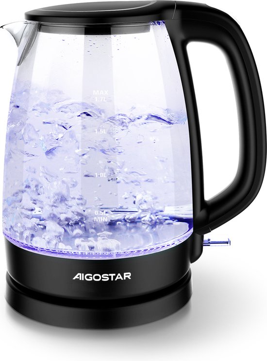 Aigostar Adam 30GOM - Glazen Waterkoker met Led verlichting - Zwart - 2200W - 1,7 Liter - Glas