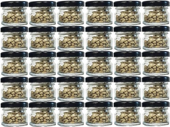 Set van 30 weckpotten, mini-potten, inhoud 30 ml, dekselkleur zwart, tot 43 ronde potten, jampotten, fruitpotten, inmaakpotten, inmaakpotten, testpotten, imkers