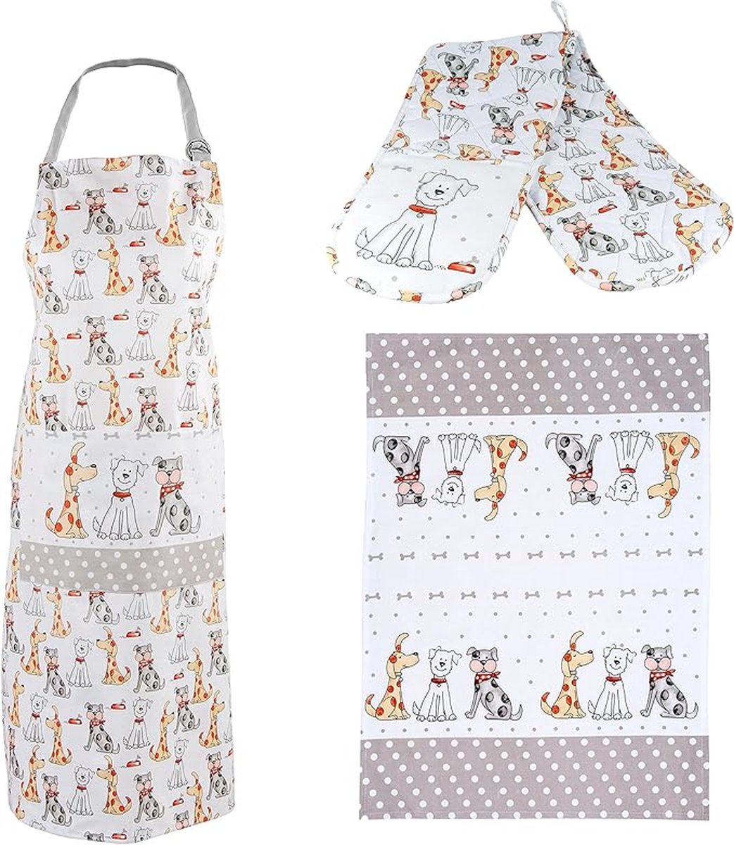 Set van 3 droogdoeken, keukenschort en dubbele ovenwanten, hittebestendig, wit katoen met hondenmotief, cadeau-idee, dierenliefhebbers hondeneigenaar, koken bakken.
