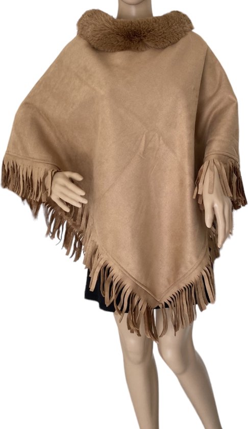 Dames warme Poncho driehoekig Suede look met Imitatiebont 40798 Onesize Camel