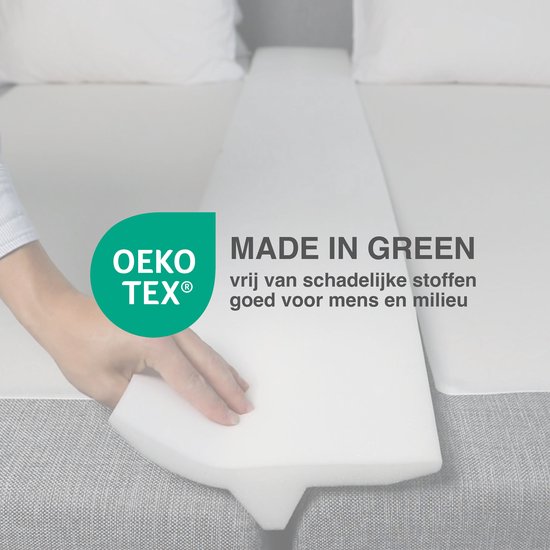 Hand toont een witte matraswig naast twee matrassen, met OEKO-TEX "MADE IN GREEN" logo.