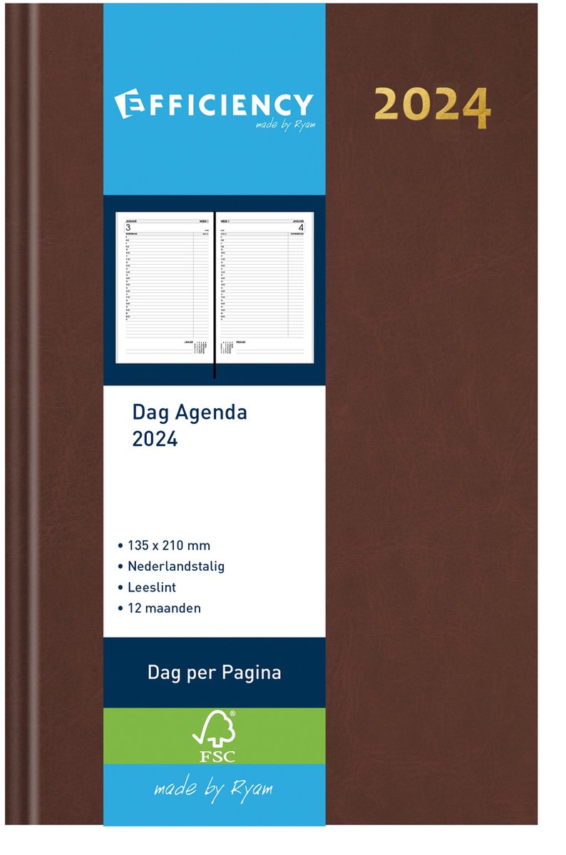 Bureau Agenda 2024 BRUIN 1 dag per pagina (13.5cm x 21cm)