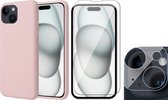 Hoesje geschikt voor iPhone 15 - Screenprotector GlassGuard & Camera Lens Screen Protector - Back Cover Case SoftTouch Roze