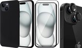 Hoesje geschikt voor iPhone 15 - Screenprotector FullGuard & Camera Lens Screen Protector Zwart - Back Cover Case SoftTouch Zwart