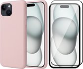 Hoesje geschikt voor iPhone 15 - Screen Protector FullGuard - Back Cover Case SoftTouch Roze & Screenprotector