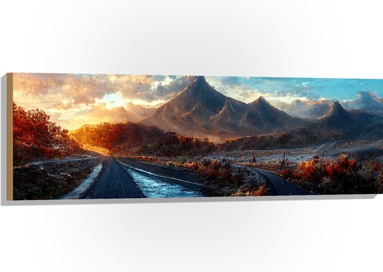 Hout - Bergen - Zonsondergang - Sneeuw - Planten - 120x40 cm - 9 mm dik - Foto op Hout (Met Ophangsysteem)