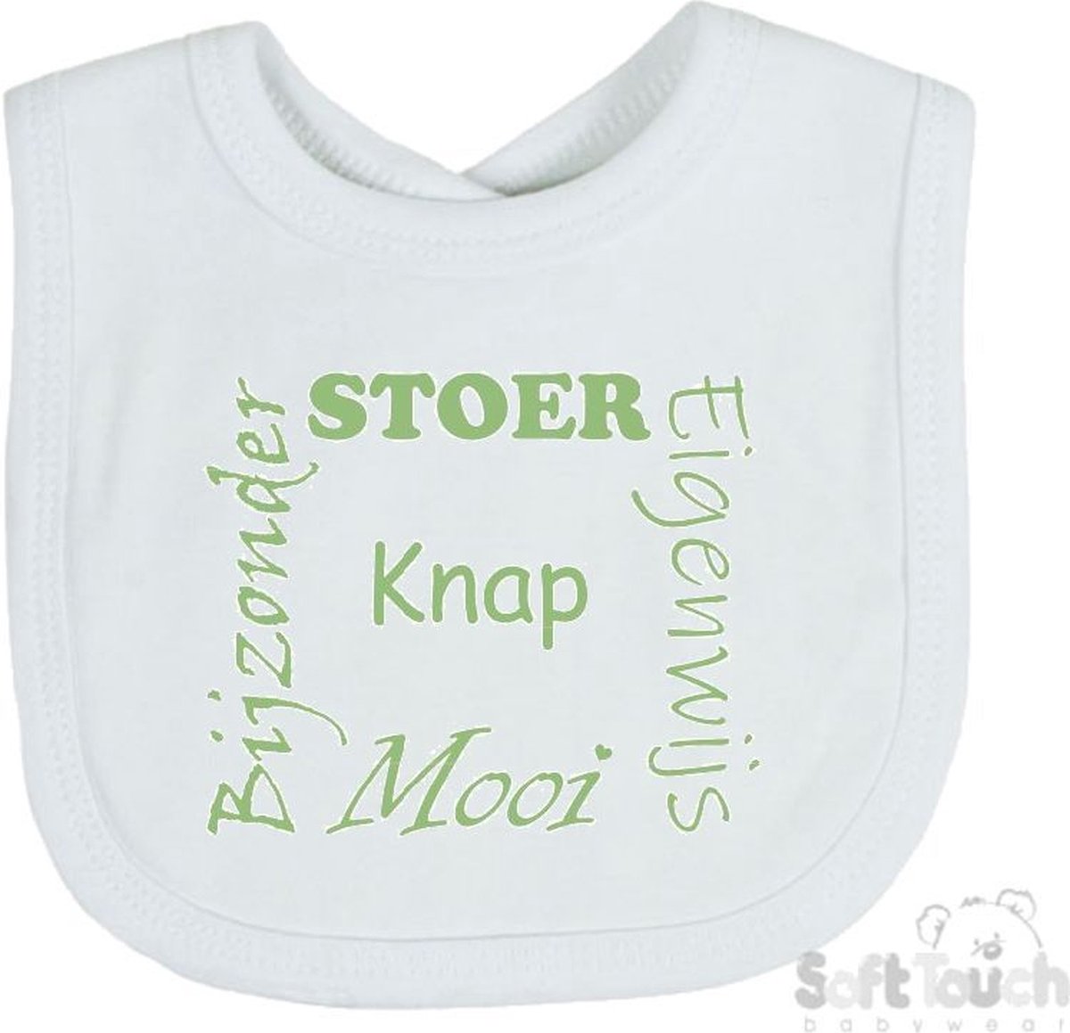 Goedkoopste Soft Touch Slabber Slabbetje Slab Stoer Eigenwijs Mooi Bijzonder Knap Unisex Katoen Wit/sage green (saliegroen) Maat 33x22 Cm