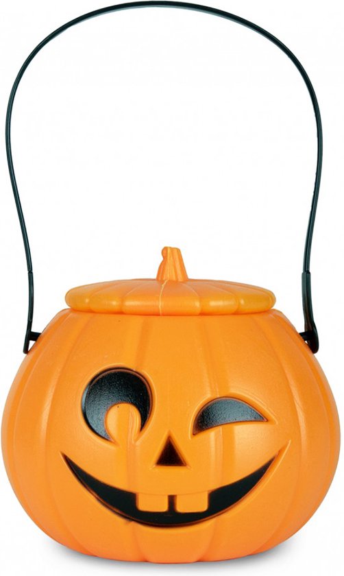 Halloween pompoen snoep emmer - Halloween decoratie - Versiering voor binnen en buiten - Horror - Trick or treat - Diameter 13 cm - Oranje/zwart