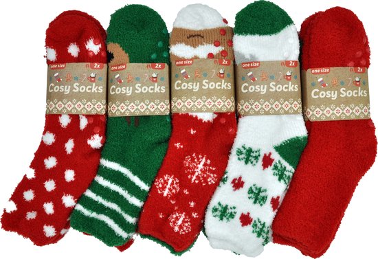 Chaussettes de Noël / chaussettes de maison Femme 2 paires - chaussettes douillettes - pois et rayures avec rennes - Taille 36-41/TU - Antidérapantes - Noël
