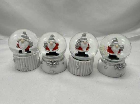 Decoratieve set van 4 glitterbollen met Kerstman - Wit + Zilver - Kerstcadeau/hart/Kerstboom en Kerstbal - Hoogte 6.5 x dia 5 cm - Polyresin + Glazen bol - Kerstdecoratie - Kerstversiering - Woonaccessoires